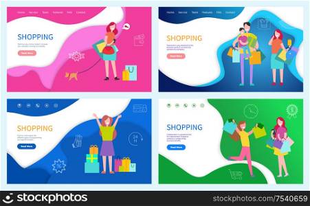 Shopping family using discounts, buying presents and gifts on holiday vector. Customer, female friends happy because of purchases in paper packages. Shopping Family Using Discounts, Buying Presents