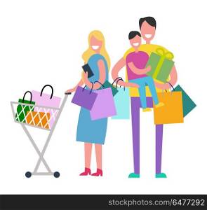 Shopping Family Vector Illustration on White. Shopping family full of happiness because of bought things in shop, standing with bags with their son vector illustration on white
