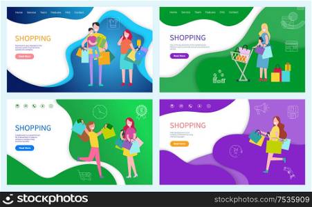 Shopping family with children carrying paper bags vector. Female friends walking with bought items together, holiday preparation, shopaholic hobby. Shopping Family with Children Carrying Paper Bags
