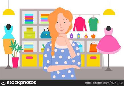 Shopping female character vector, girl choosing clothes in store flat style. Mall with mannequin and dresses, accessories and bags, perfumes in bottles and clothing. Shopping Woman in Store with Clothes for Ladies
