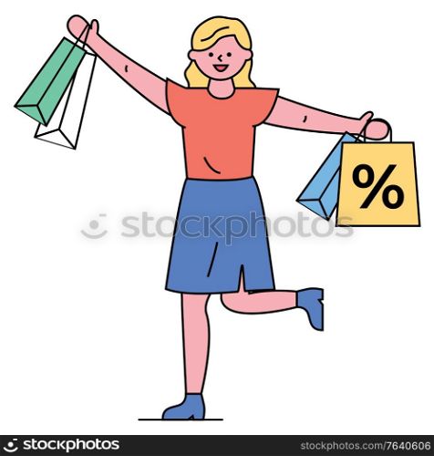 Shopping female character vector, isolated woman carrying bags with percent symbol. Clearance in shops and stores, lady with purchases in hands. Jumping girl with packets and bought goods flat style. Shopping Woman Happy of Discounts and Sales Vector