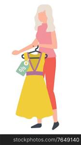 Shopping female character with grey hair vector, isolated woman holding dress on hanger. Price tag with sale, discount on item, fashionable clothing style. Shopaholic Woman Buying Dress in Store Vector
