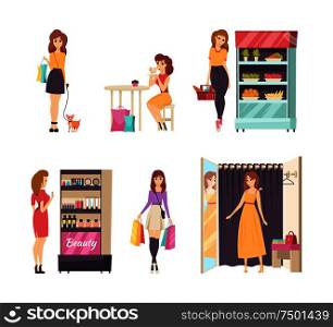 Shopping female looking at cosmetics products stand set vector. Woman eating cake and drinking coffee, girl buying food. Client trying on new dress. Shopping Female Looking at Cosmetics Stand Vector