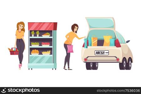 Shopping females by beauty stand isolated set vector. Woman putting stuff bags into big car to transport to home. Cosmetics and makeup production. Shopping Females Beauty Stand Isolated Set Vector