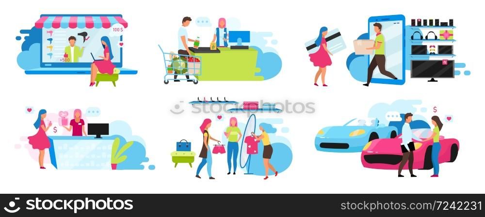 Shopping flat vector illustrations set. Buying goods and services at mall, supermarket, dealership. Purchasing things online and in store. Seller and customer isolated cartoon characters