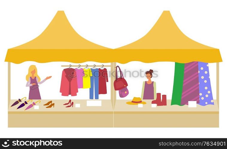 Shopping for women, isolated store tent with sellers and clothes. Clothing for ladies, dresses and fabric, shoes and umbrellas, jackets and trousers. Vector illustration in flat cartoon style. Market with Clothes and Accessories Sale Store