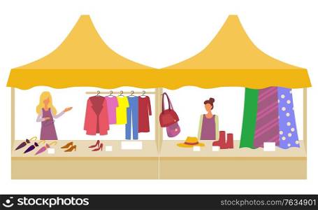 Shopping for women, isolated store tent with sellers and clothes. Clothing for ladies, dresses and fabric, shoes and umbrellas, jackets and trousers. Vector illustration in flat cartoon style. Market with Clothes and Accessories Sale Store