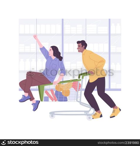 Shopping fun isolated cartoon vector illustrations. Couple having fun when buying essential food and drinks in the supermarket, girl sitting in a trolley, grocery shopping vector cartoon.. Shopping fun isolated cartoon vector illustrations.