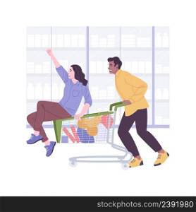 Shopping fun isolated cartoon vector illustrations. Couple having fun when buying essential food and drinks in the supermarket, girl sitting in a trolley, grocery shopping vector cartoon.. Shopping fun isolated cartoon vector illustrations.
