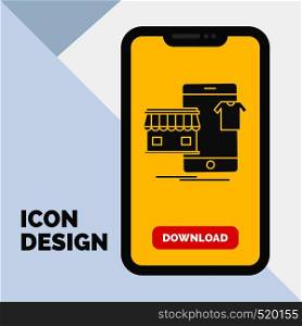 shopping, garments, buy, online, shop Glyph Icon in Mobile for Download Page. Yellow Background. Vector EPS10 Abstract Template background