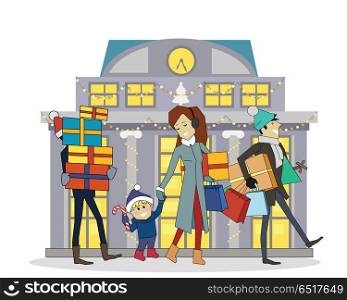 Shopping Gifts on Winter Holidays Vector Concept. Buying presents with family in mall on Christmas eve. Flat design. Woman with gifts in hand walking with her son, two mans carry colored boxes