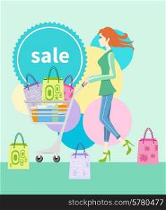 Shopping girl woman with trolley showing shopping bag with sale written on lable. Beautiful smiling woman near shopping tag flat design cartoon style