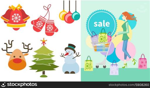 Shopping girl woman with trolley showing shopping bag with sale written on lable. Christmas and New Year icons bell gloves balls tree and snowman in cartoon design style