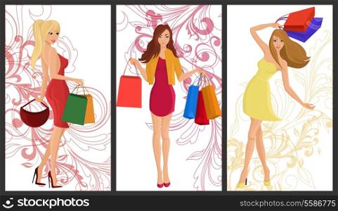 Shopping girl young sexy females with fashion bags vertical banners with swirl decoration set isolated vector illustration