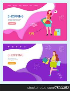 Shopping glamour lady walking dog on leash set vector. Credit card payment and sale, shops promotion, shoppers with packages and bought items in bags. Shopping Glamour Lady Walking Dog on Leash Set