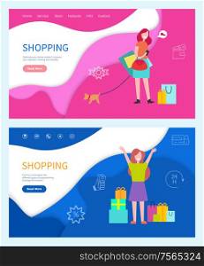 Shopping good day girls with bags. Smiling and running women in green and orange t-shirt and blue and purple skirt with dog vector web pages templates. Website landing page in flat style. Shopping Good Day Girls with Colored Bags Vector