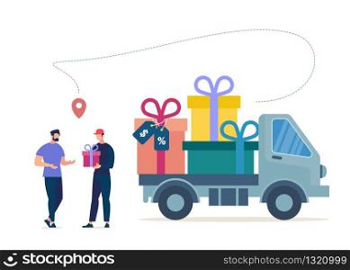 Shopping Goods on Sale, Company Regular Customers Holiday Bonuses Delivery Flat Vector Concept. Courier or Deliveryman Arrived on Truck Full of Gifts, Giving Wrapped Box to Store Client Illustration