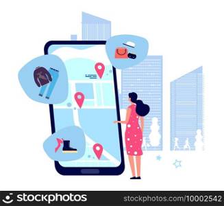 Shopping guide app. Fashion store buyer vector character. Flat girl looking for shops on the map. Illustration mobile app location gps online for shopping. Shopping guide app. Fashion store buyer vector character. Flat girl looking for shops on the map