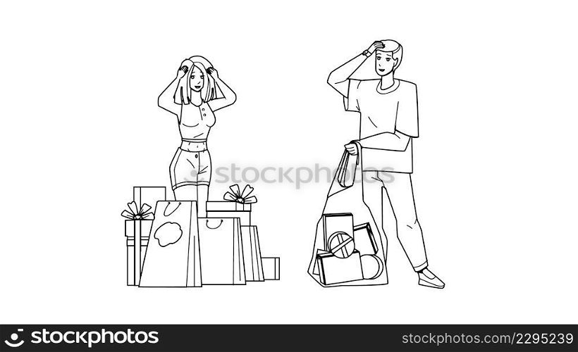 Shopping Habits Of Customers Man And Woman Black Line Pencil Drawing Vector. Clients Boy And Girl Buying Presents For Christmas Or Birthday Celebrative Event, Shopping Habits And Process. Character. Shopping Habits Of Customers Man And Woman Vector