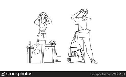 Shopping Habits Of Customers Man And Woman Black Line Pencil Drawing Vector. Clients Boy And Girl Buying Presents For Christmas Or Birthday Celebrative Event, Shopping Habits And Process. Character. Shopping Habits Of Customers Man And Woman Vector