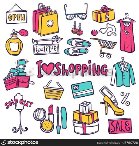 Shopping hand drawn decorative icons set with commerce symbols isolated vector illustration. Shopping Icons Set