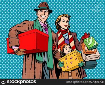 Shopping happy family dad mom girl pop art retro style. Shopping happy family dad mom girl. Holiday gifts. Man, woman, and children. People in winter-autumn clothes