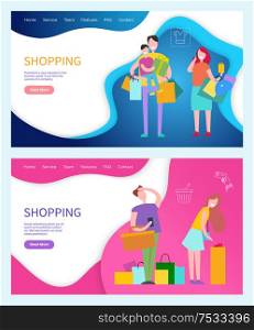 Shopping happy successful family parents and kids, packages and tired man and woman. Vector line art icons cart and cash signs, web page template with info. Shopping Happy Family Parents and Kids, Packages