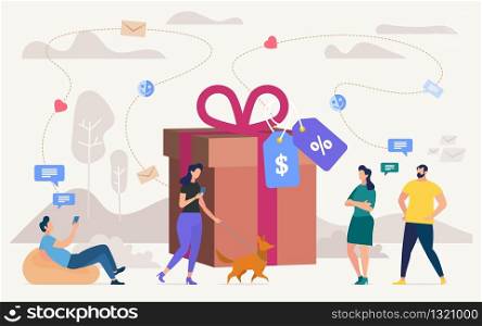 Shopping Holiday Gifts with Discount on Store Seasonal Sale Flat Vector Concept. People Using Cellphone While Resting at Home, Walk with Dog in Park, Choosing, Buying Goods in Online Shop Illustration
