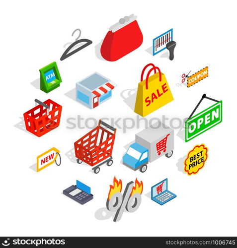 Shopping icons in isometric 3d style. Commerce set collection isolated vector illustration. Shopping icons set, isometric 3d style