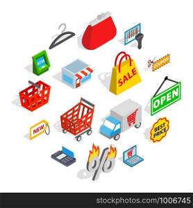 Shopping icons in isometric 3d style. Commerce set collection isolated vector illustration. Shopping icons set, isometric 3d style