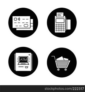 Shopping icons set. Credit cards, pos terminal, bank atm machine, supermarket shopping cart with boxes. Vector white silhouettes illustrations in black circles. Shopping icons set
