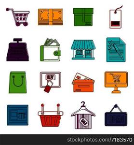 Shopping icons set. Doodle illustration of vector icons isolated on white background for any web design. Shopping icons doodle set