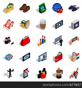 Shopping icons set. Isometric set of 25 shopping vector icons for web isolated on white background. Shopping icons set, isometric style