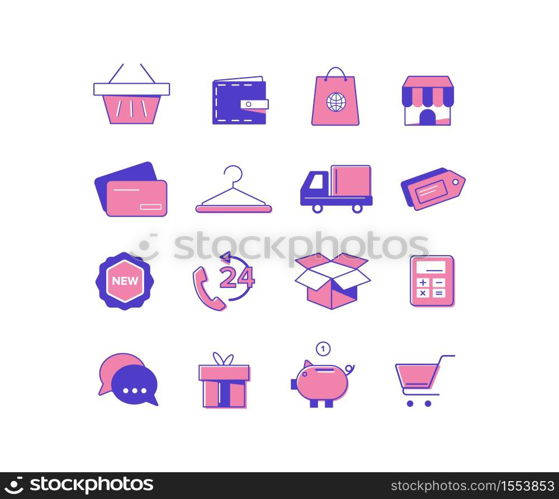 Shopping icons set. Symbols of trade and marketing credit card piggy bank ecommerce calculator with trolley commercial Internet prepayment leather wallet with vector cash open box orders.. Shopping icons set. Symbols of trade and marketing credit card piggy bank ecommerce calculator with trolley.