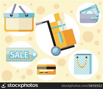 Shopping icons set with basket, bag, purse in flat design style. Delivery concept
