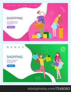 Shopping illustration with two women in yellow and purple t-shirt and in skirt and trousers. Lady with long hair near presents with man holding bag vector. Shopping illustration with Ladies and Man Vector