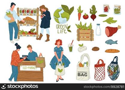 Shopping in eco shop, isolated icons of people choosing vegetables or pickles. Cashier with client buying ecologically friendly products. Mesh and canvas bag, veggies and meat vector in flat style. Eco shop offering organic food and bio products