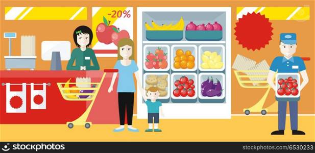 Shopping in Grocery Store Concept Illustration.. Shopping in supermarket concept. Flat design. Mother with child buying food in fruit vegetables section. Buyers and personnel in shop interior. Seasonal sales and discounts in grocery store.