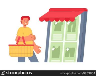 Shopping in online men clothing store flat concept vector spot illustration. Editable 2D cartoon character on white for web UI design. Guy with basket choosing apparel on internet creative hero image. Shopping in online men clothing store flat concept vector spot illustration