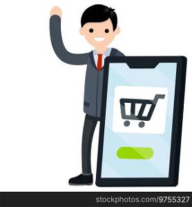 Shopping in online store. Cart on screen. Businessman and big mobile phone. Man in suit. Happy office worker. Cartoon flat illustration.. Shopping in online store. Cart on screen.
