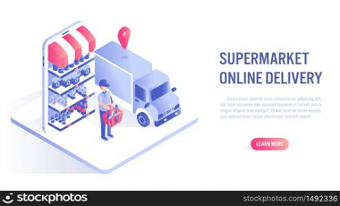 Shopping in supermarket Online on Website or Mobile Application Concept. Fast delivery. Vector illustration isometric flat design