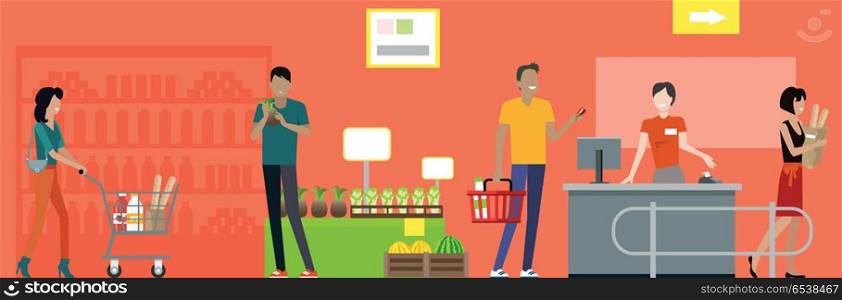 Shopping in supermarket vector. Flat style design. Buyers and store employees in grocery store interior. Cashier serves buyers on counter desk equipment. Fast and comfortable purchases illustrating.. Supermarket working process concept illustration.. Supermarket working process concept illustration.