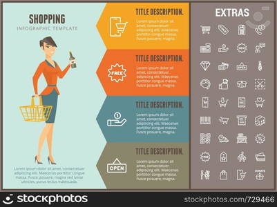 Shopping infographic options template, elements and icons. Infograph includes line icon set with shopping cart, online store, mobile shop, price tag, retail business, cash machine, credit card etc.. Shopping infographic template, elements and icons.