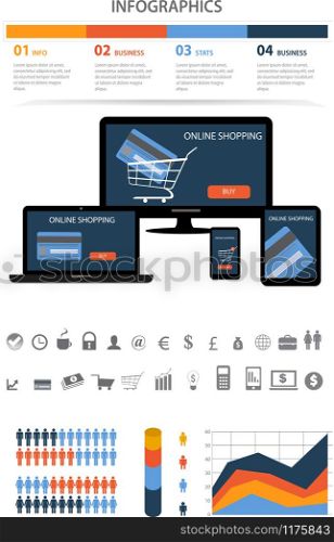 Shopping Infographic set with charts and other elements. Flat design concept with icons of commerce elements