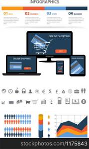 Shopping Infographic set with charts and other elements. Flat design concept with icons of commerce elements