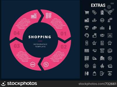 Shopping infographic template, elements and icons. Infograph includes customizable circular diagram, line icon set with shopping cart, online store, mobile shop, price tag, retail business etc.. Shopping infographic template, elements and icons.