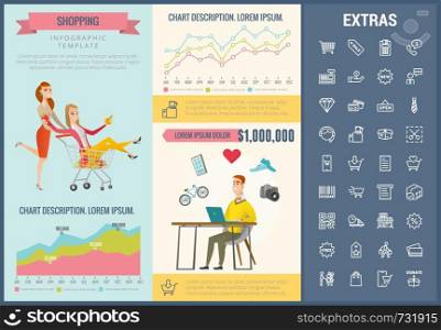 Shopping infographic template, elements and icons. Infograph includes customizable graphs, charts, line icon set with shopping cart, online store, mobile shop, price tag, retail business etc.. Shopping infographic template, elements and icons.
