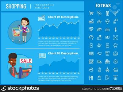 Shopping infographic template, elements and icons. Infograph includes customizable graphs, charts, line icon set with shopping cart, online store, mobile shop, price tag, retail business etc.. Shopping infographic template, elements and icons.