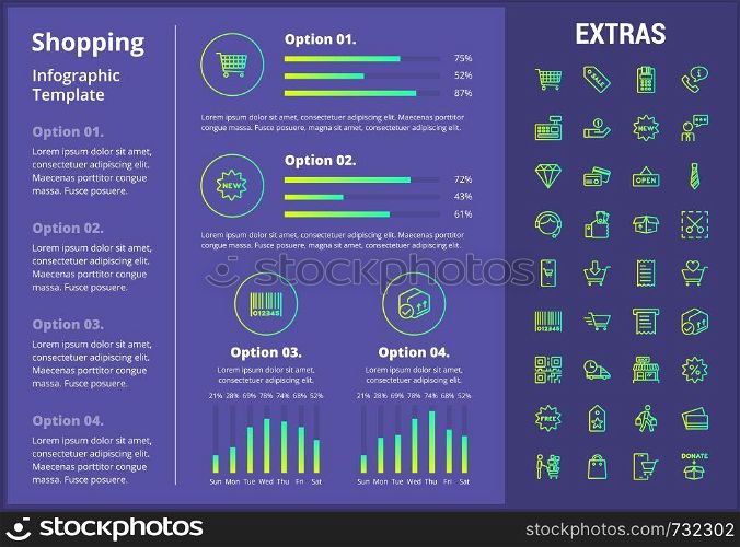 Shopping infographic template, elements and icons. Infograph includes customizable graphs, four options, line icon set with shopping cart, online store, mobile shop, price tag, retail business etc.. Shopping infographic template, elements and icons.