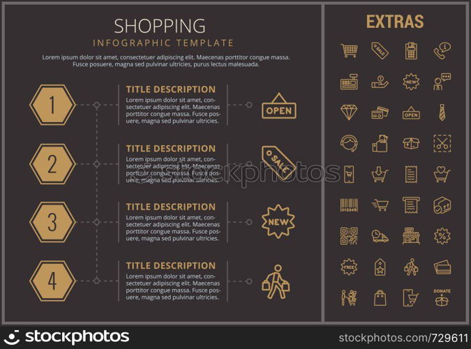 Shopping infographic timeline template, elements and icons. Infograph includes numbered options, line icon set with shopping cart, online store, mobile shop, price tag, retail business, barcode etc.. Shopping infographic template, elements and icons.